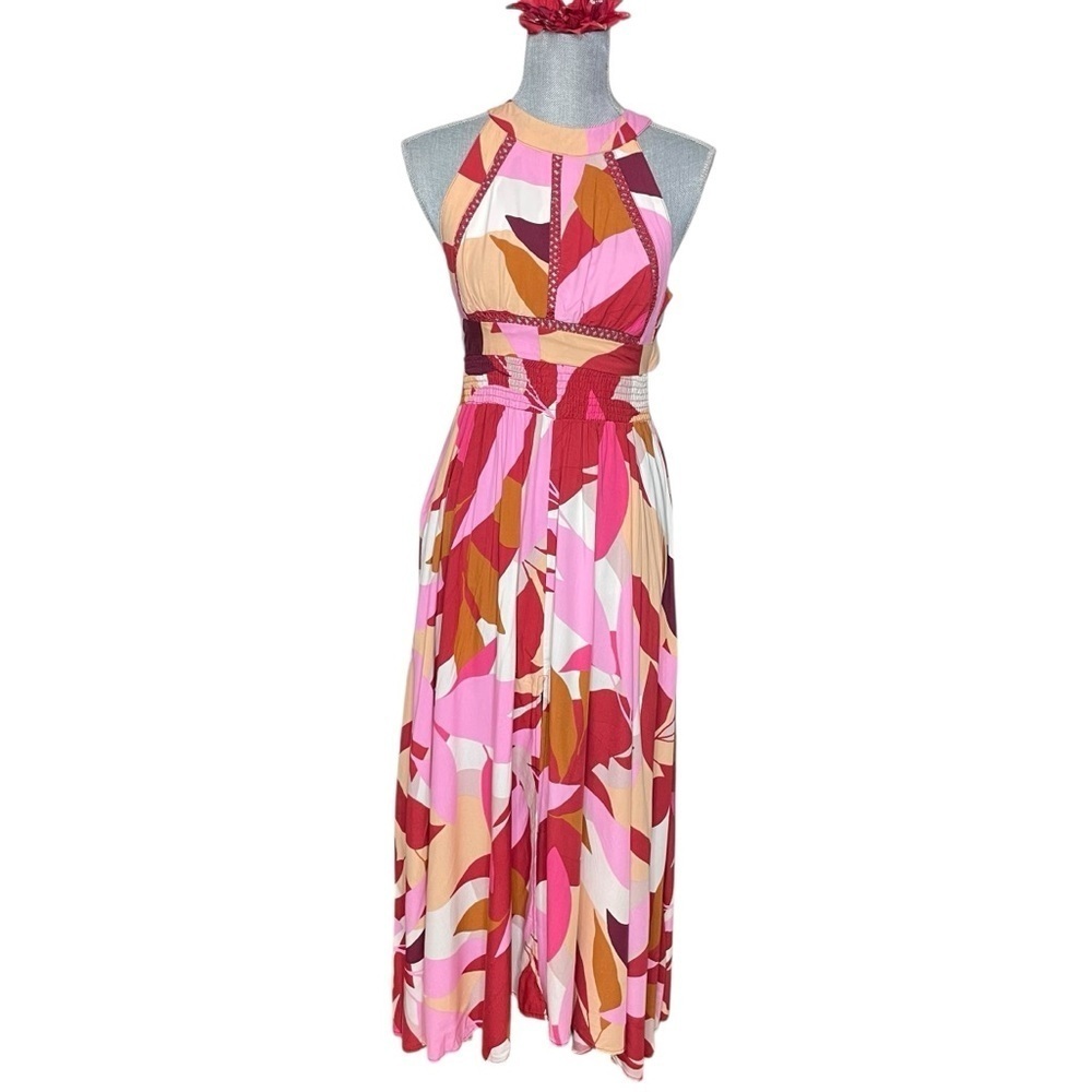 Abel The Label Pink Abstract Floral Back Cutout Boho Maxi A-line Dress XS